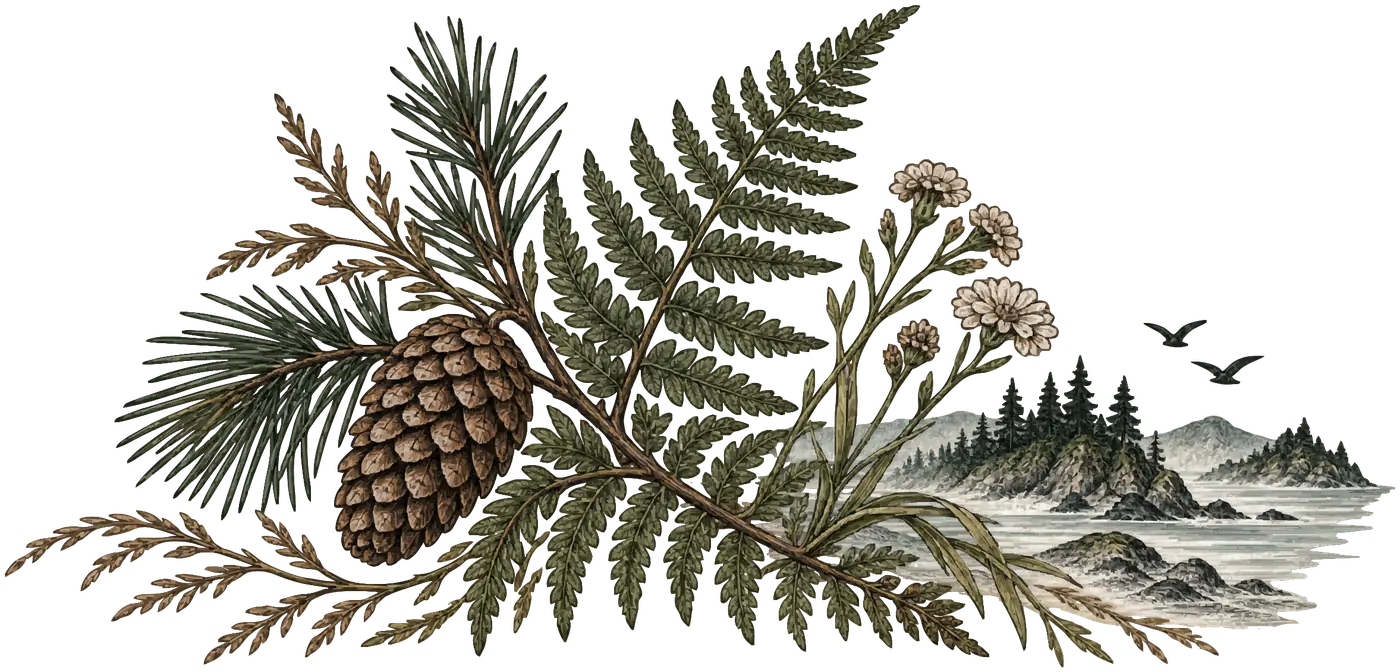 The full botanical plate: pine bough and cone, fern, cedar, coastal wildflowers, and a small island scene.