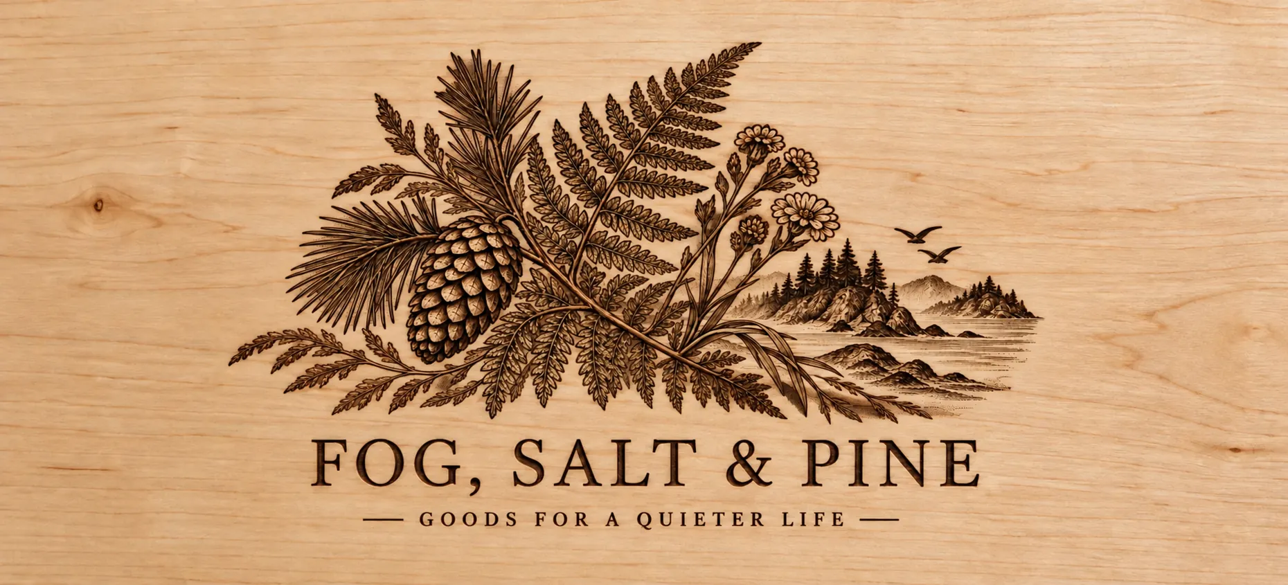 The botanical logo and Goods for a quieter life laser-engraved into pale maple, with the wood grain showing through the linework.